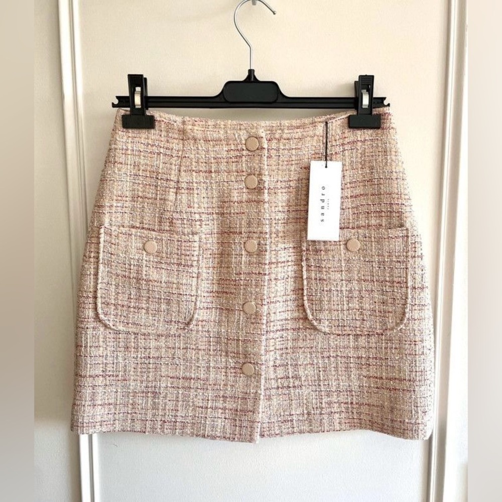 Sandro Beige and Pink Tweed Mini Skirt